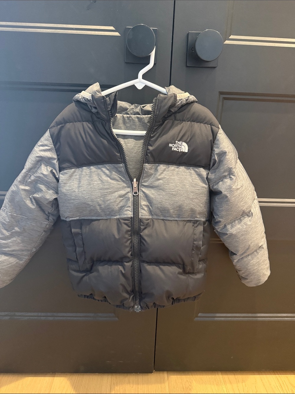 The North Face Kids Black & Gray Reversible Down Puffer Jacket with Hood